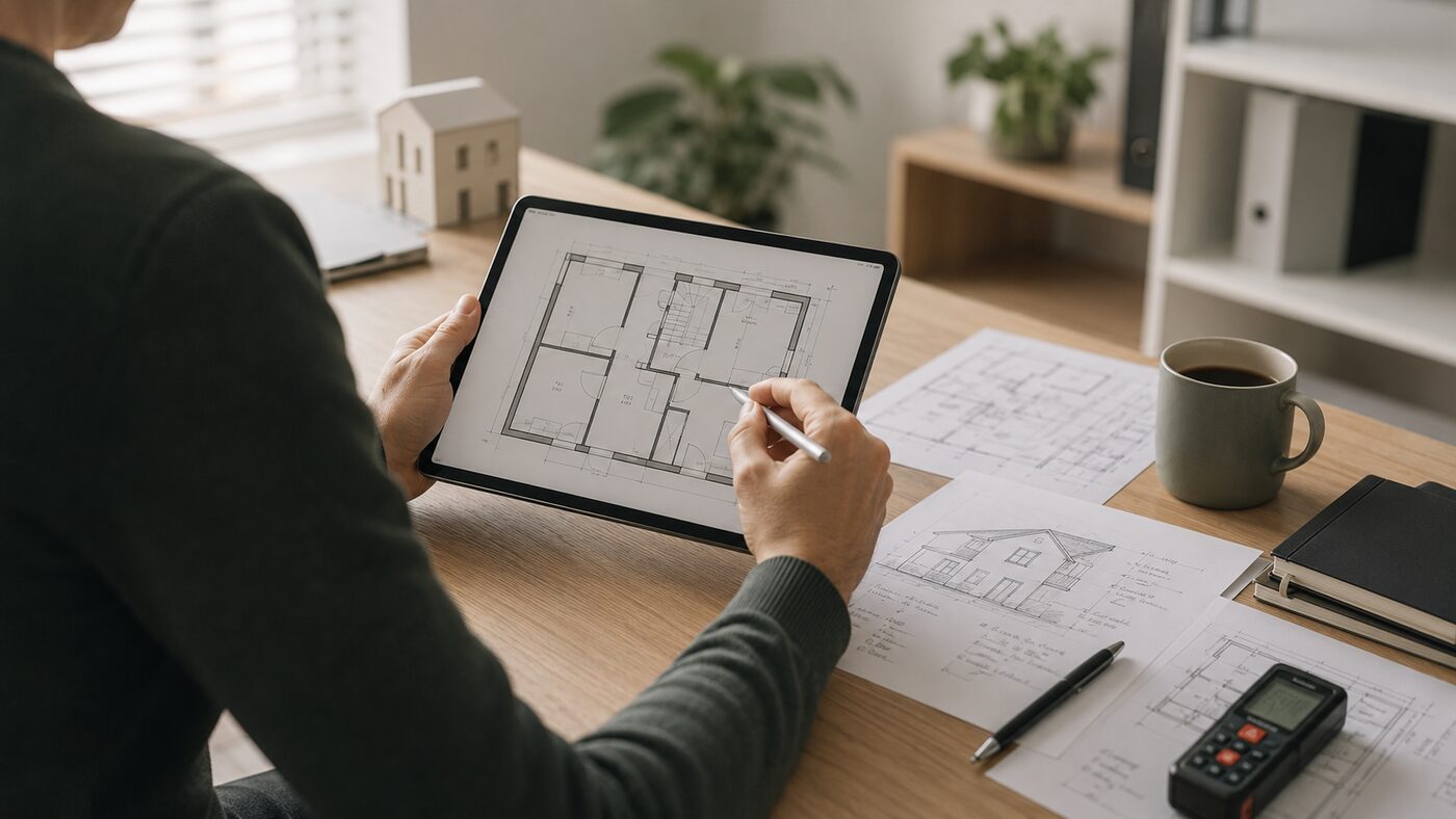 Bestudering van een plattegrond op een tablet, illustratief beeld