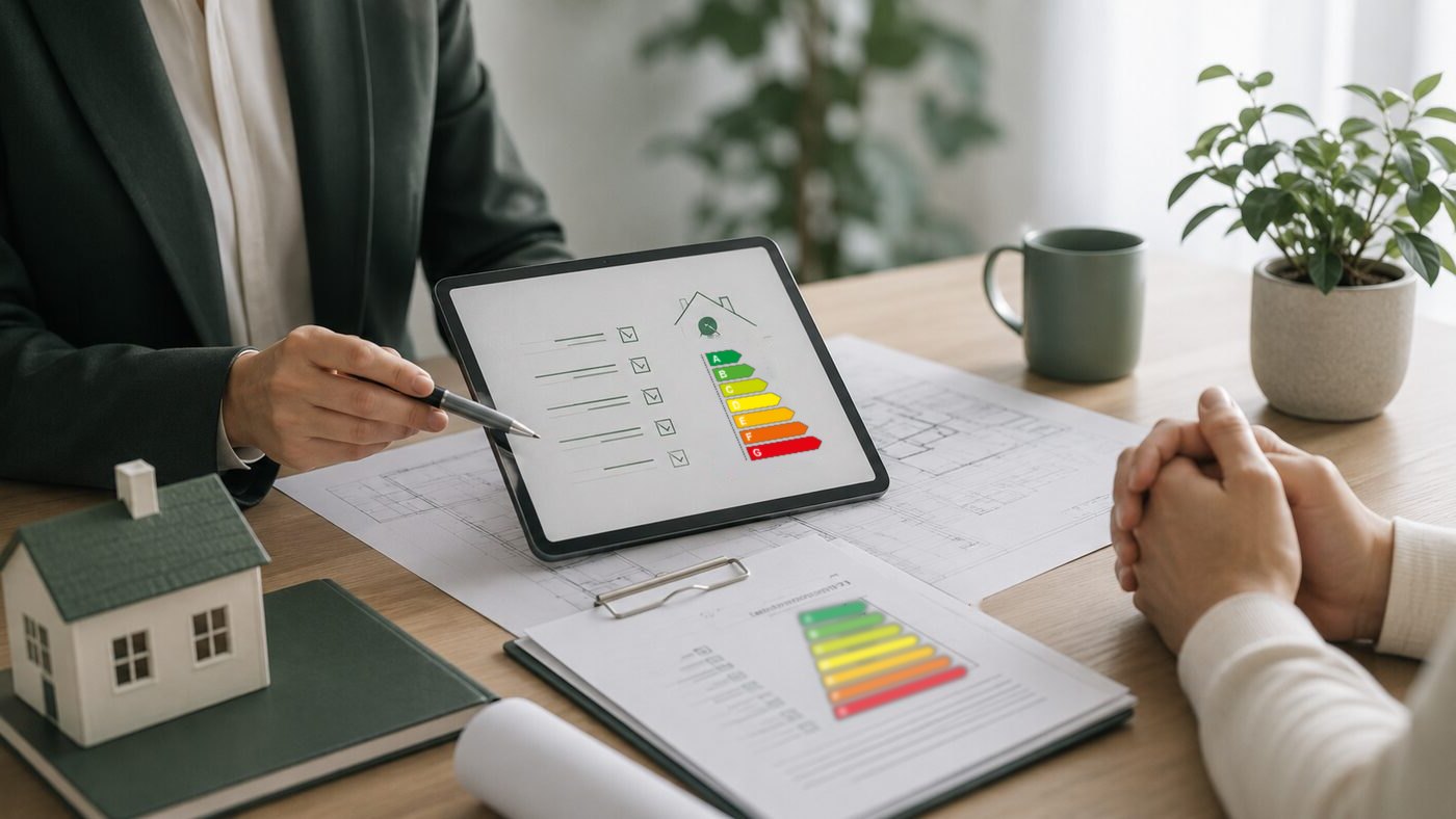 Adviesgesprek over een energielabel aan de hand van een tablet en bouwtekeningen