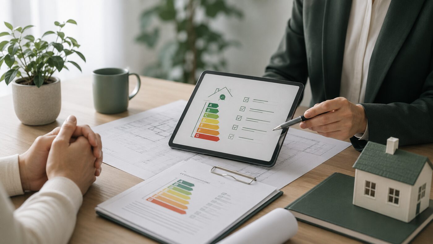 Adviesgesprek over een energielabel aan de hand van een tablet en bouwtekeningen