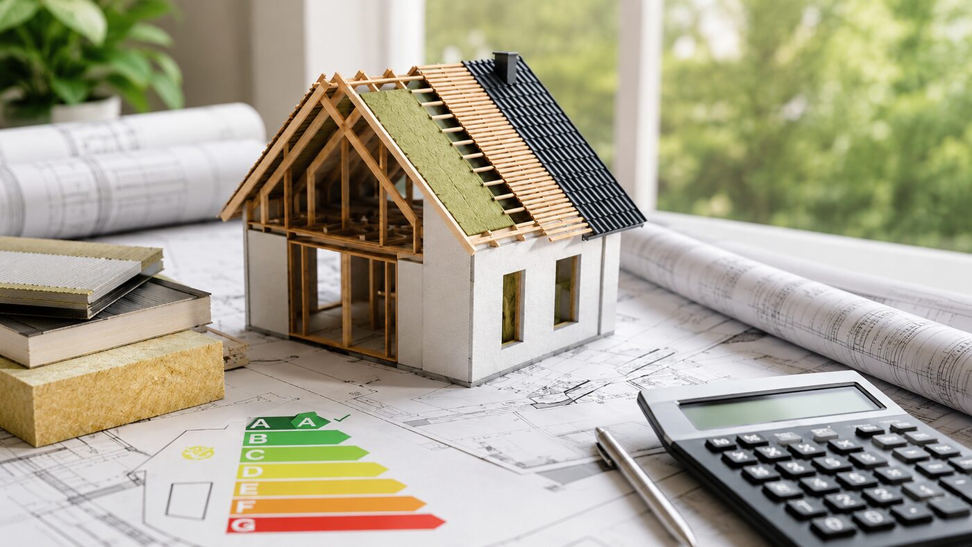 Bouwmodel van een woning met bouwtekeningen en energielabel, illustratief beeld