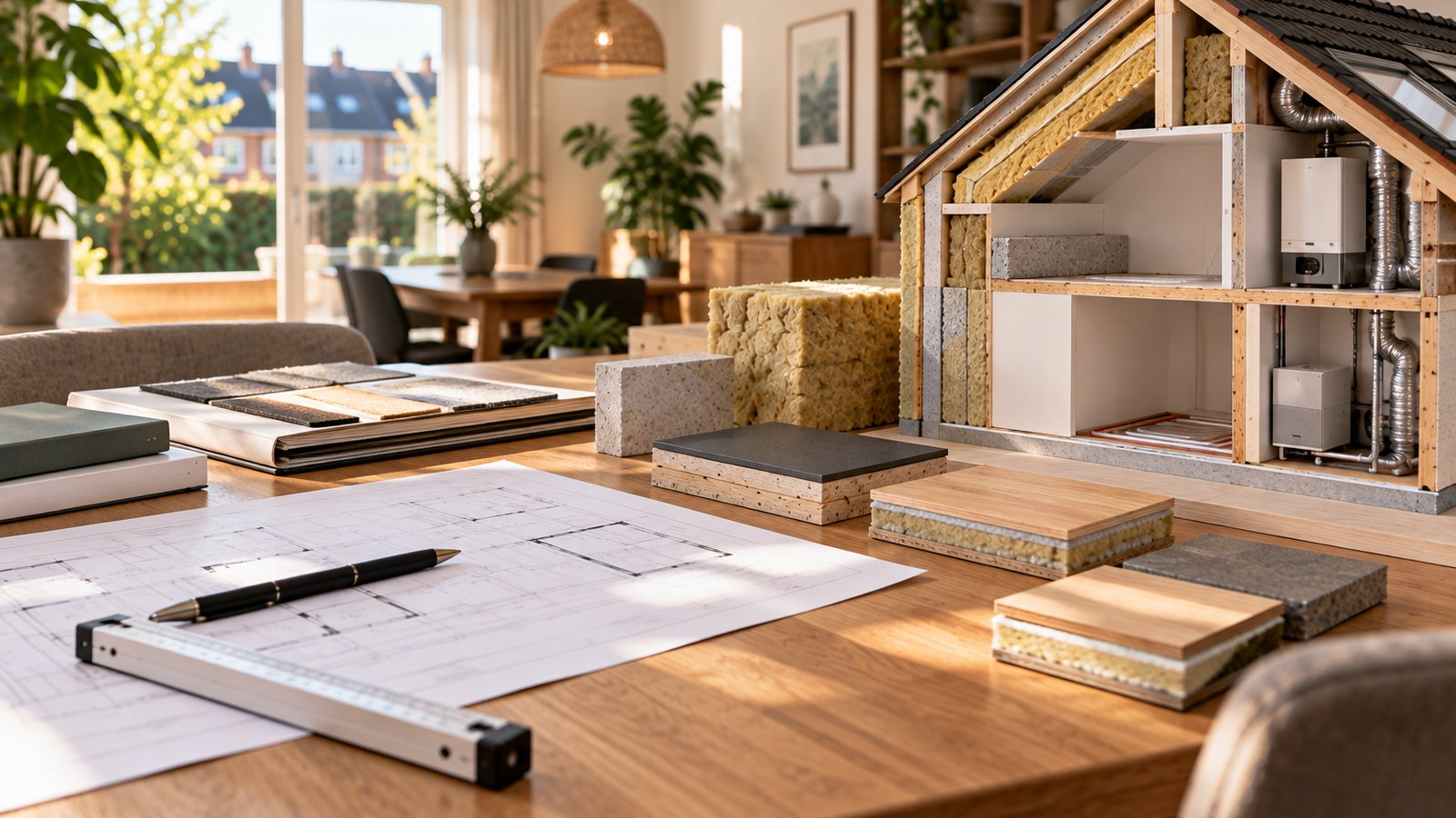 Doorsnedemaquette van een woning met isolatie en installaties, naast materiaalstalen en tekeningen