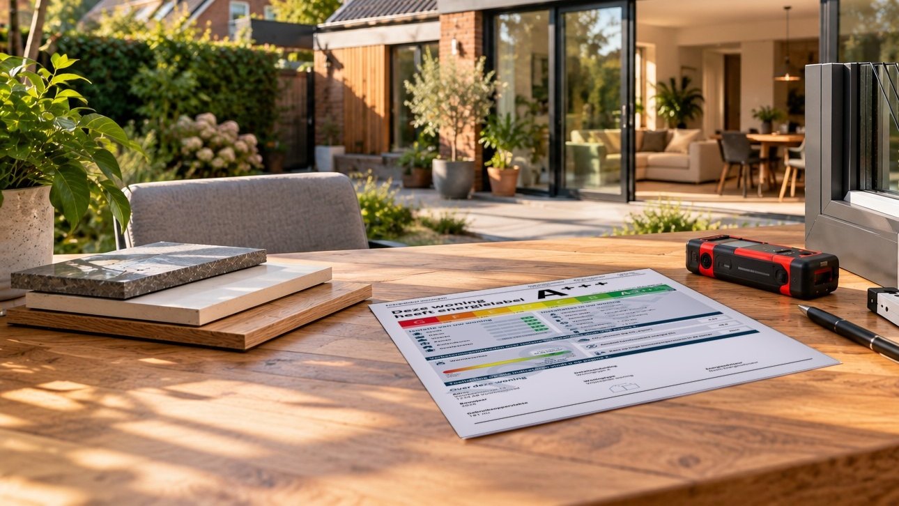 Voorbeeld van een energielabel A+++ op tafel bij een verduurzaamde woning met zonnepanelen