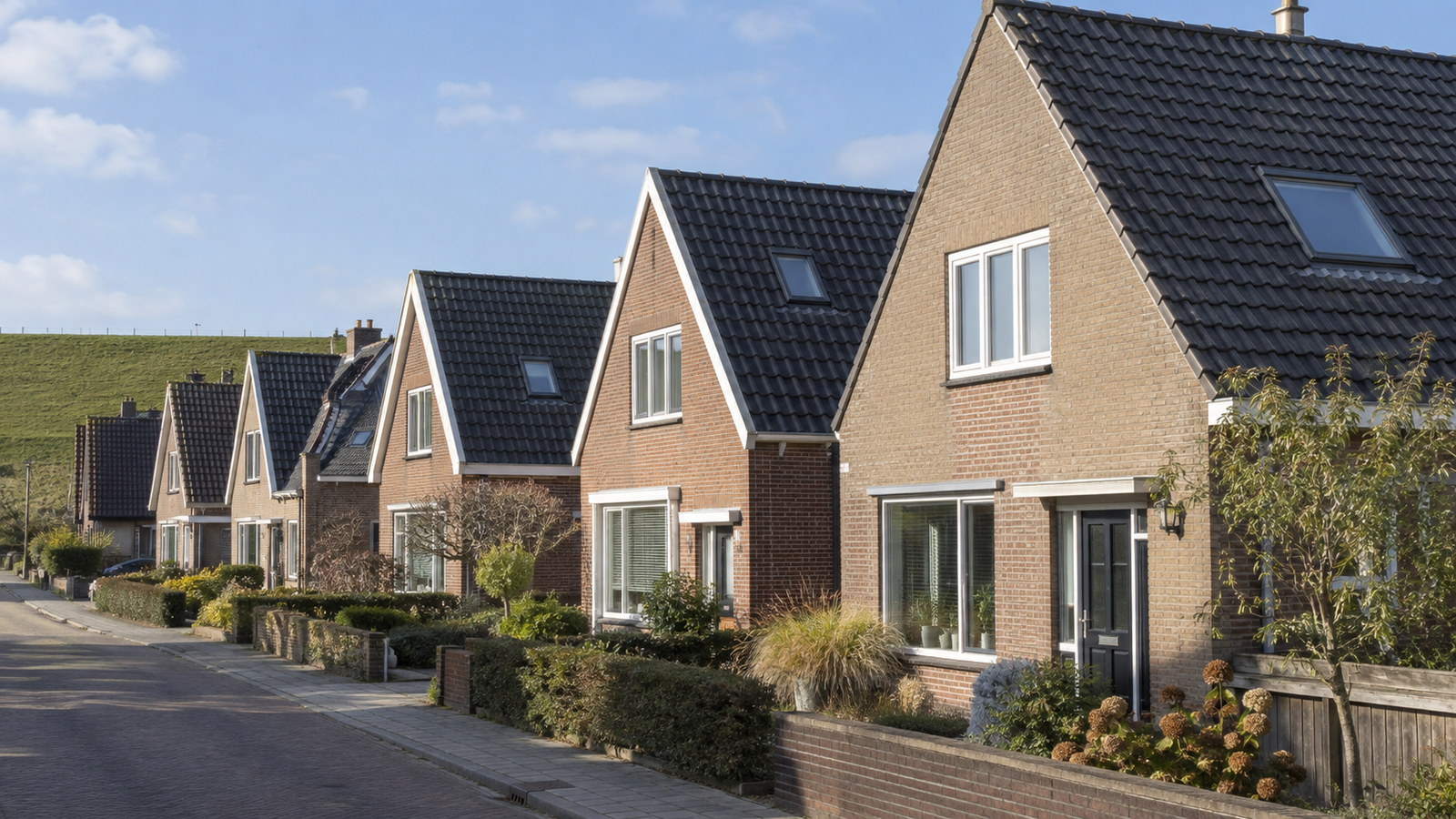 Rij vrijstaande bakstenen woningen met steile pannendaken en dakramen langs een woonstraat