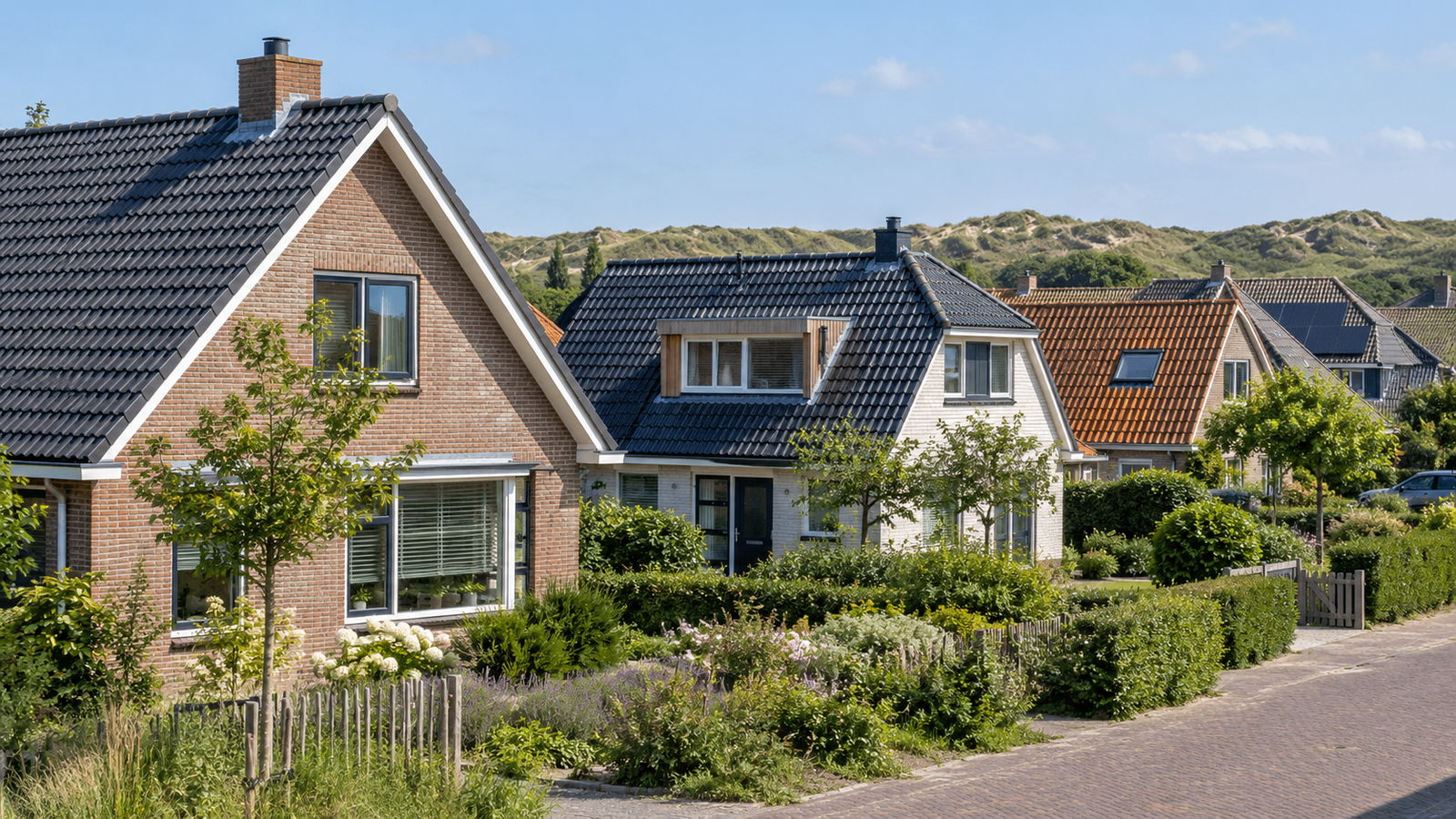 Vrijstaande woningen van baksteen en wit gepleisterd metselwerk met pannendaken en een dakkapel