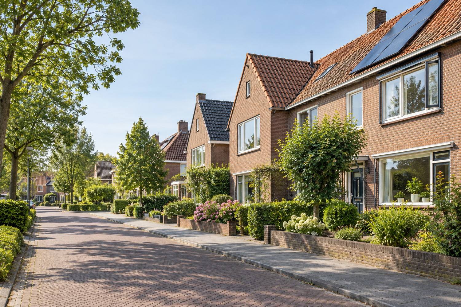 Bakstenen woningen met pannendaken, dakramen en zonnepanelen langs een woonstraat met heggen en volgroeide bomen