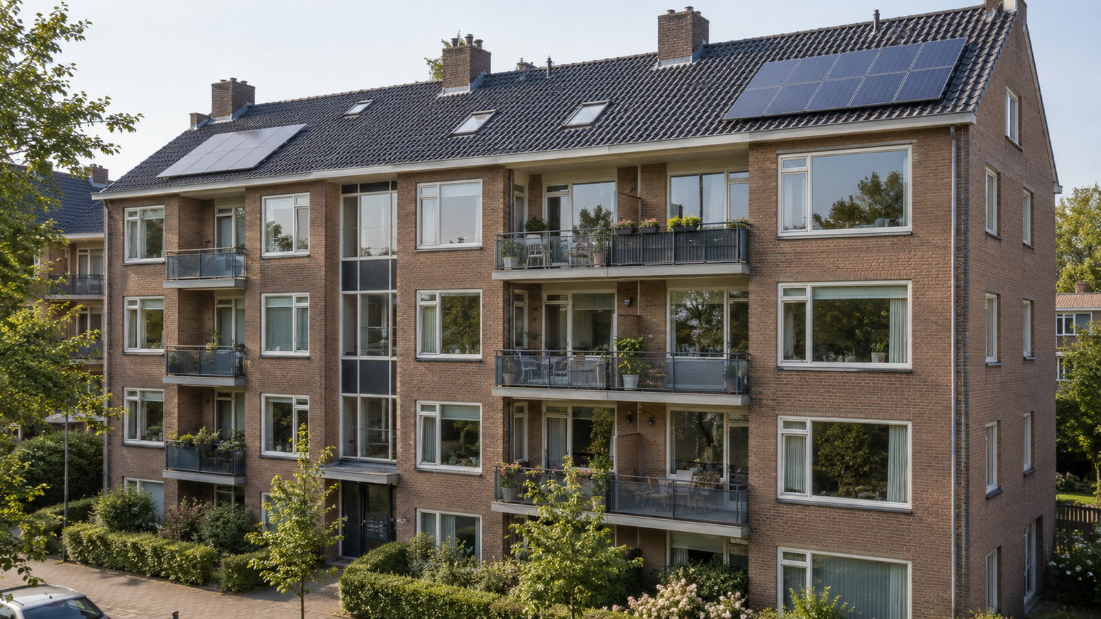 Bakstenen appartementengebouw van vier woonlagen met balkons, dakramen en zonnepanelen op het pannendak
