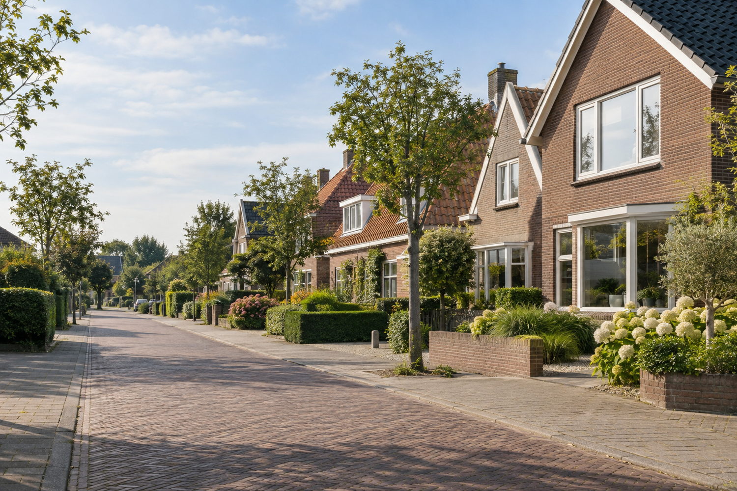 Dorpsstraat met bakstenen woningen, rode en donkere pannendaken en volgroeide straatbomen