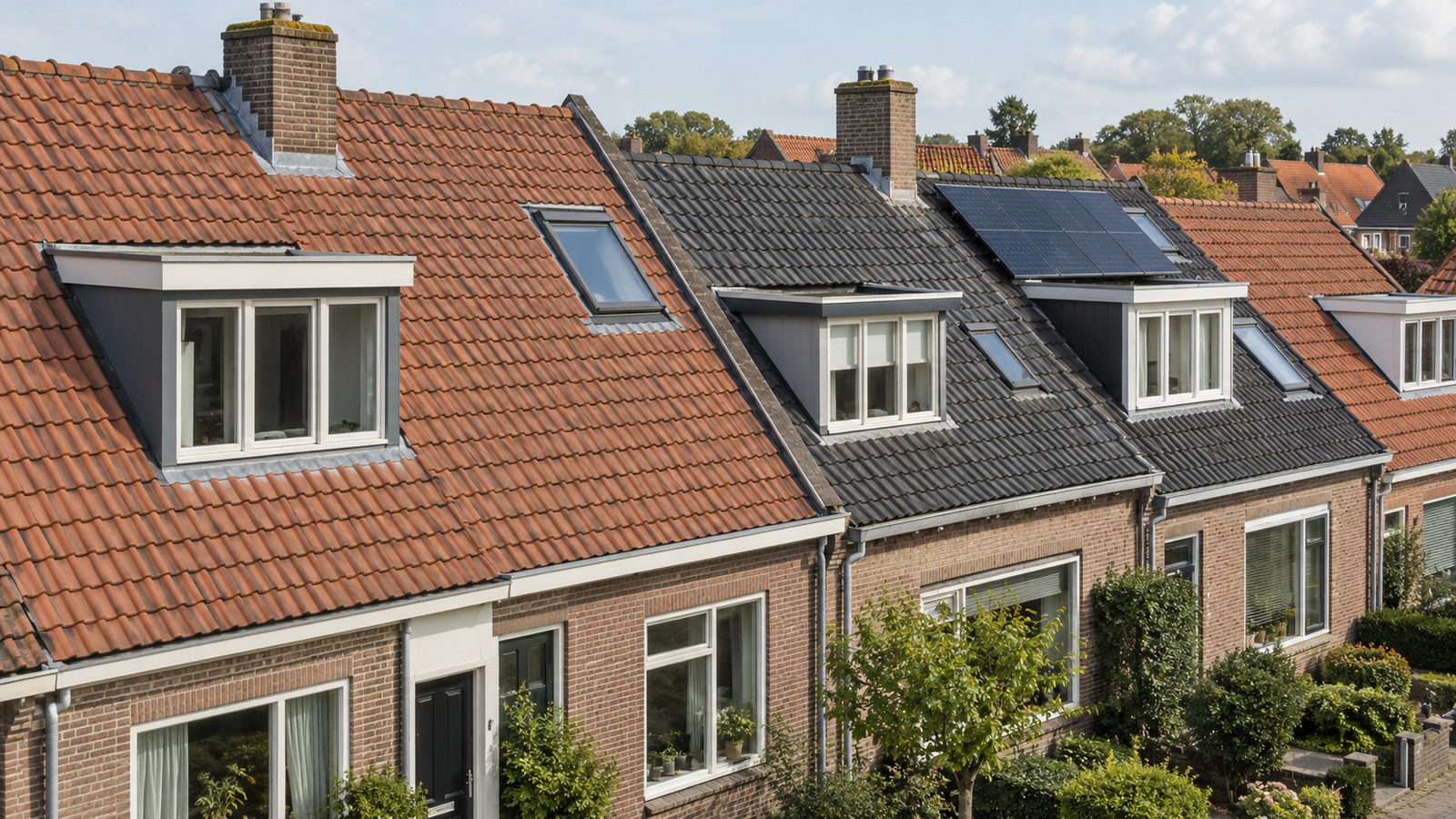 Daken van aaneengesloten woningen met dakkapellen, dakramen, schoorstenen en zonnepanelen op een van de daken