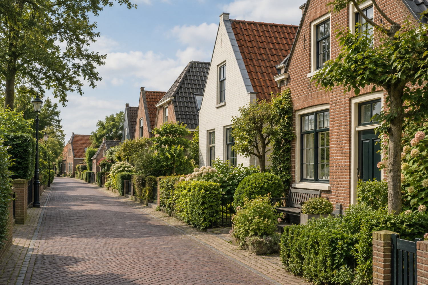 Smalle dorpsstraat met klinkerbestrating, lage bakstenen woningen met een kap en een witgepleisterde gevel ertussen