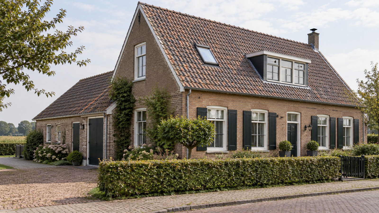 Vrijstaande woning met een groot doorlopend pannendak, een dakkapel, een dakraam en een lager aangebouwd volume