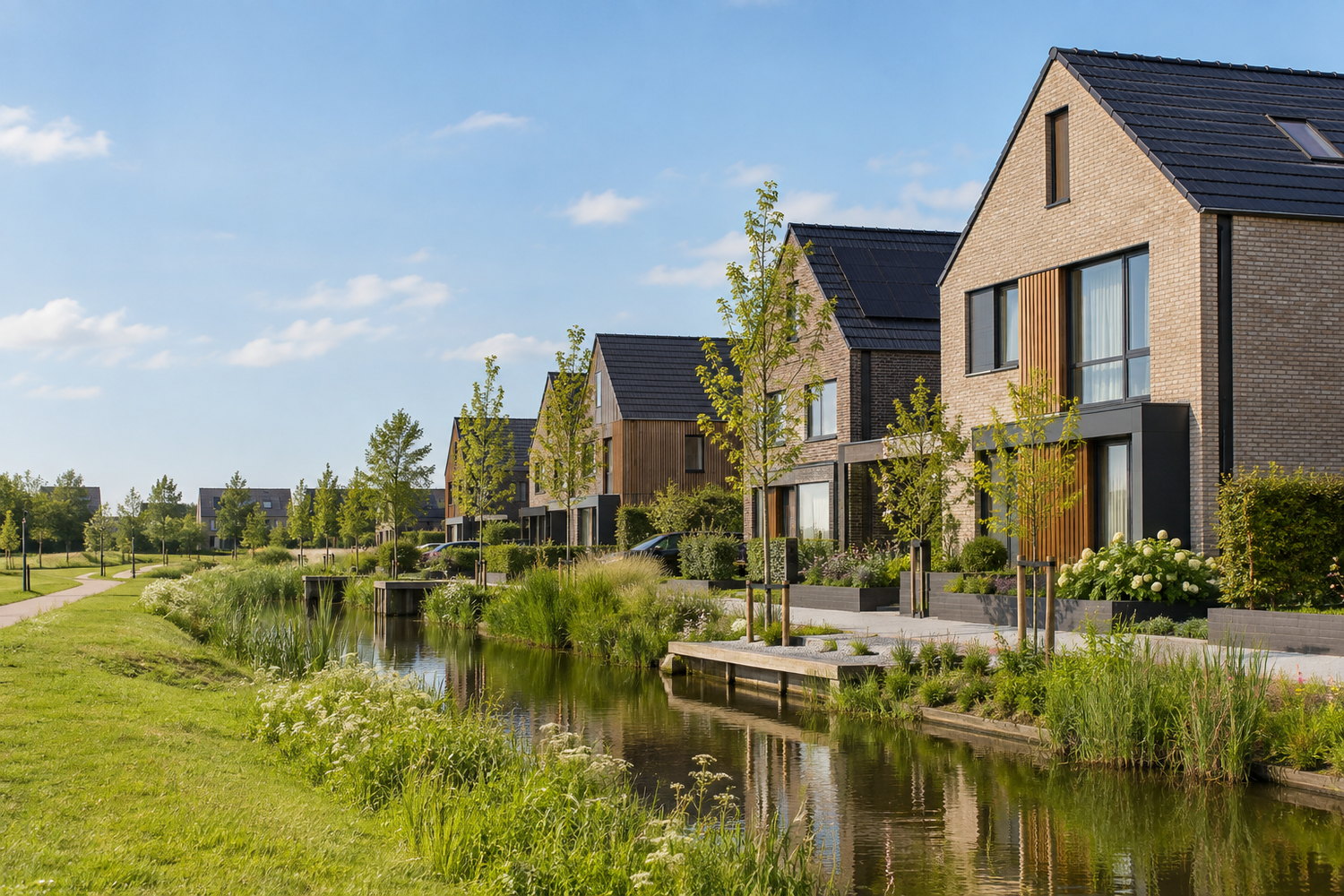 Recente woningen van lichte baksteen en houten gevelbekleding langs een waterloop, met zonnepanelen op een van de daken