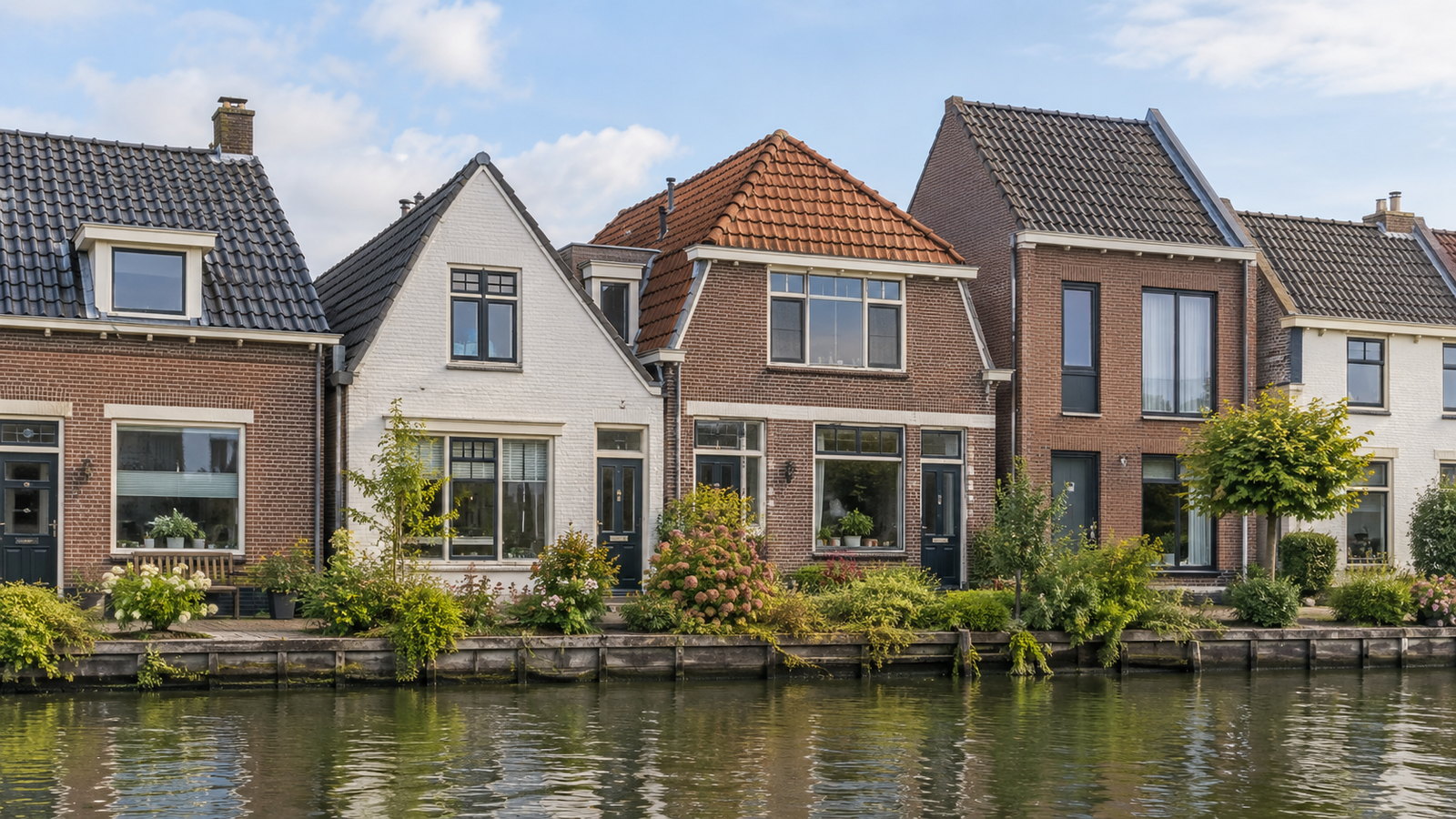 Oudere woningen met verschillende geveltypen en pannendaken langs een water met houten beschoeiing