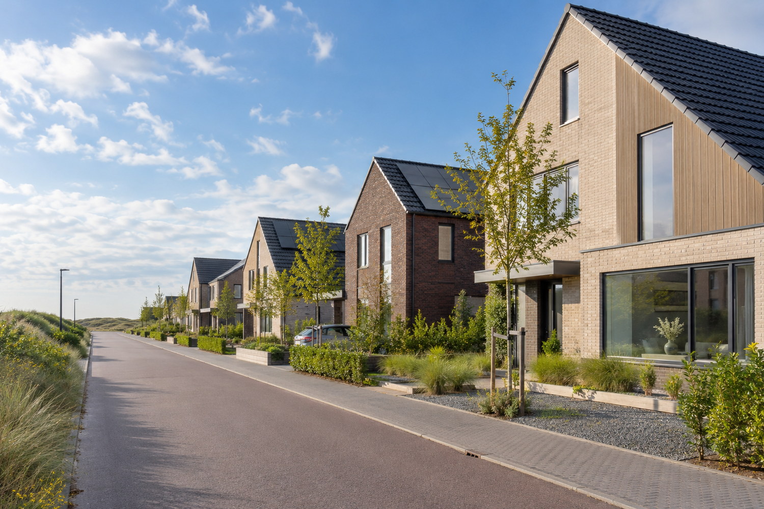 Recente woningen van lichte baksteen en houten gevelbekleding met zonnepanelen op de daken langs een woonstraat