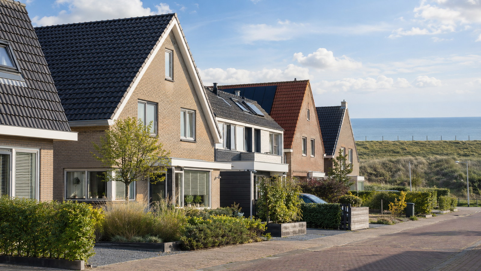 Vrijstaande woningen met steile pannendaken, dakramen en zonnepanelen, met achter de woningen een duinrand