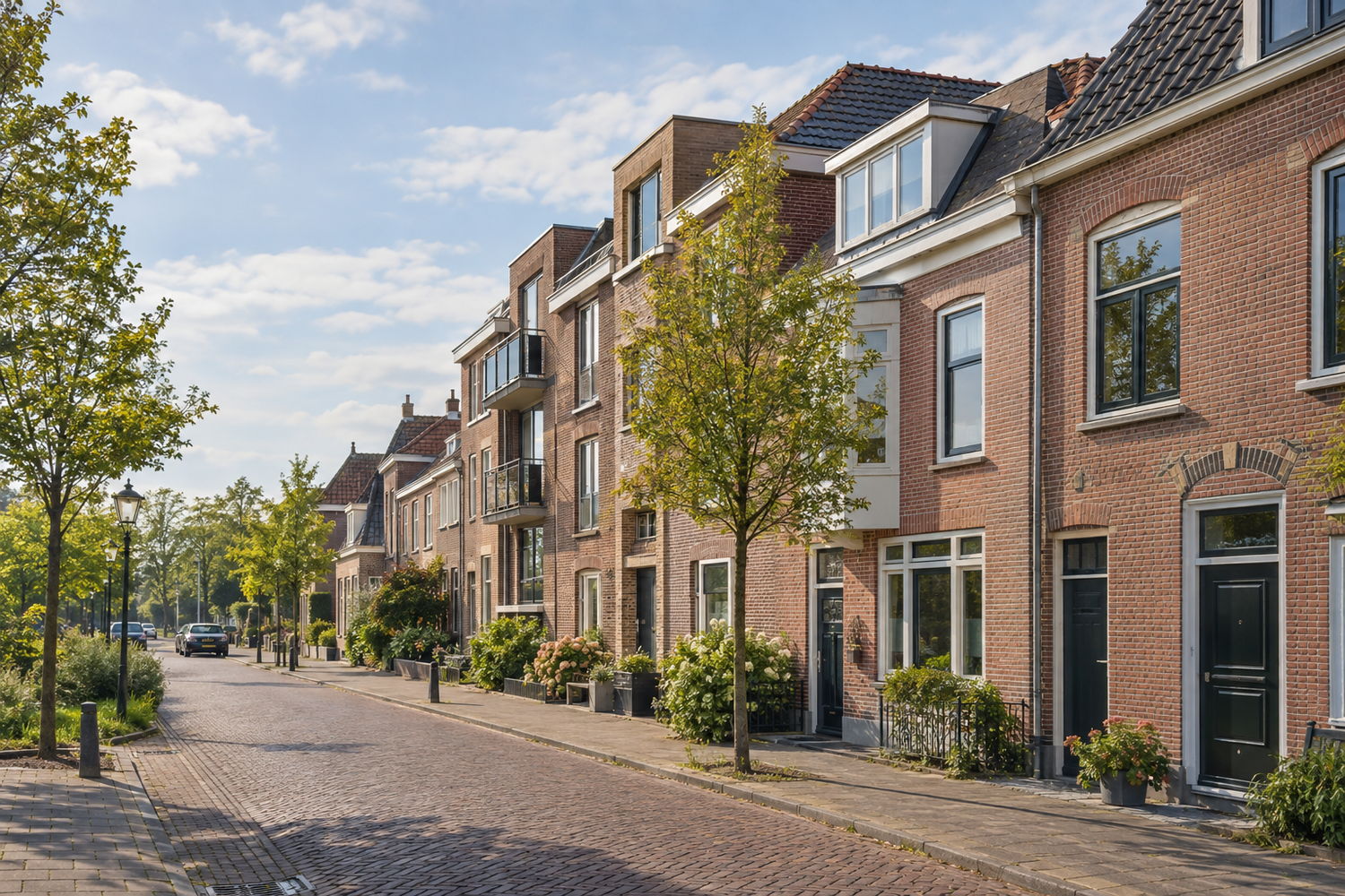 Aaneengesloten bakstenen woningen met een dakkapel en balkons langs een straat met klinkerbestrating