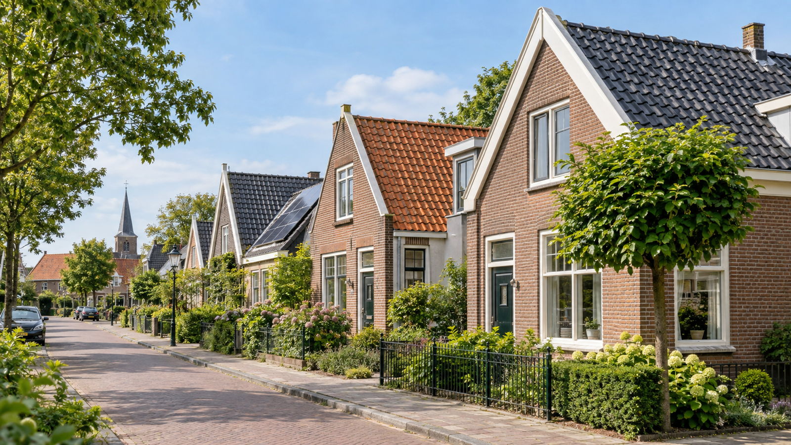 Bakstenen woningen met tuitgevels, rode en donkere pannendaken en zonnepanelen op een van de daken