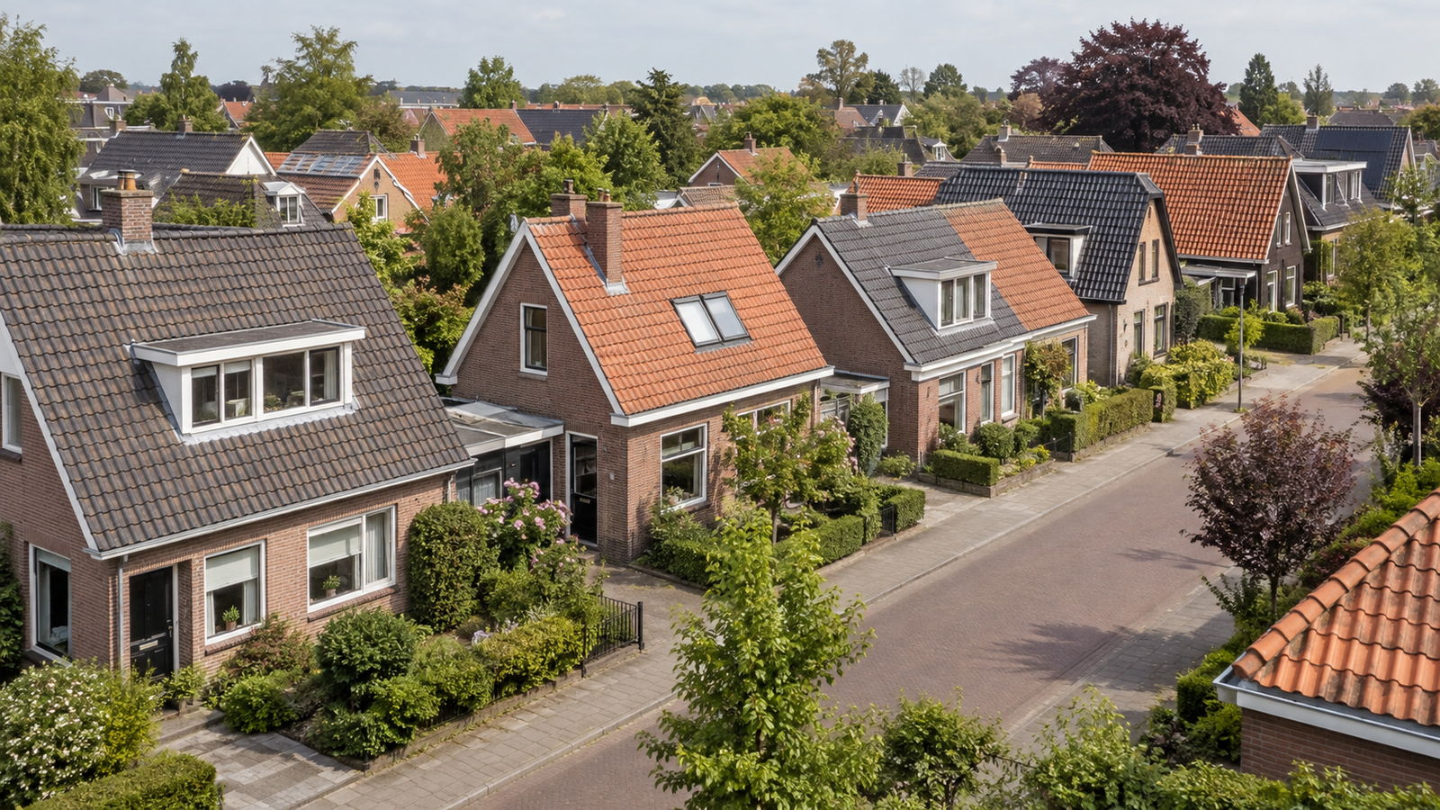 Woonstraat van bovenaf gezien, met bakstenen woningen, dakkapellen en rode en donkere pannendaken