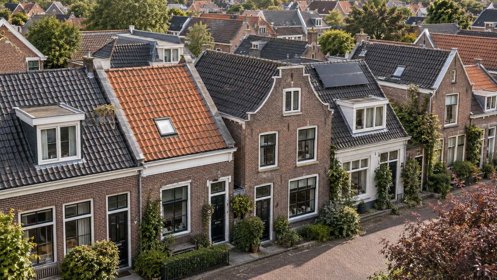 Daken van een oude dorpsstraat met bakstenen woningen, dakkapellen, dakramen en zonnepanelen