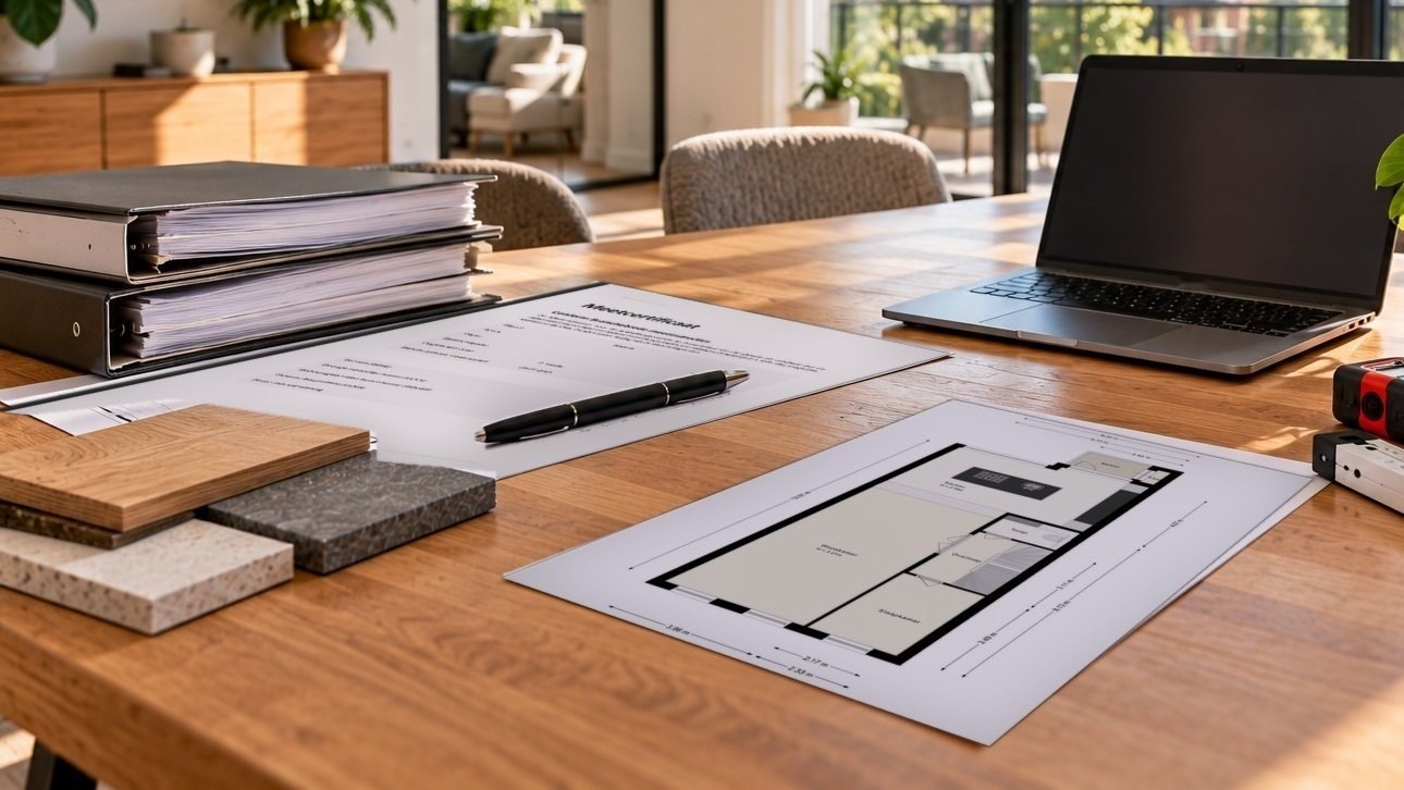Plattegrond volgens NEN 2580 op tafel naast dossiermappen en een laptop