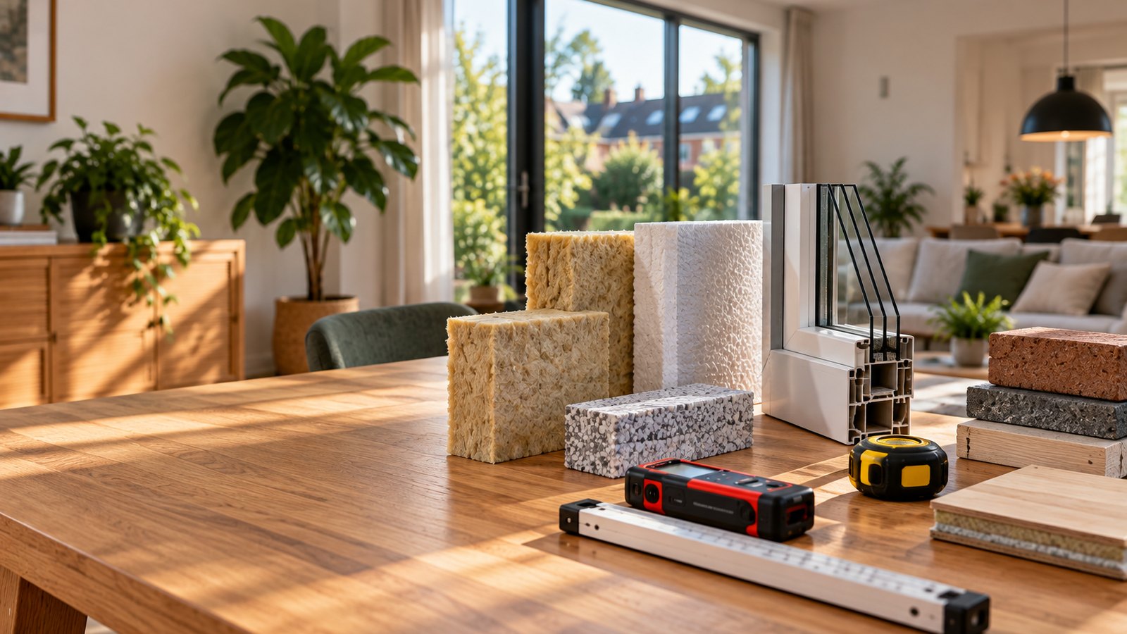Isolatiematerialen, een kozijnprofiel en meetapparatuur op tafel in een woonkamer