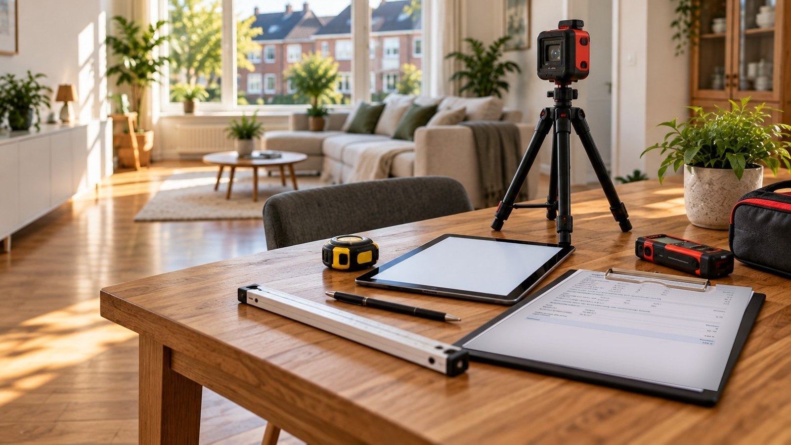 Woningopname aan de eettafel: meetapparatuur, een tablet en een WWS-puntentelling op het klembord