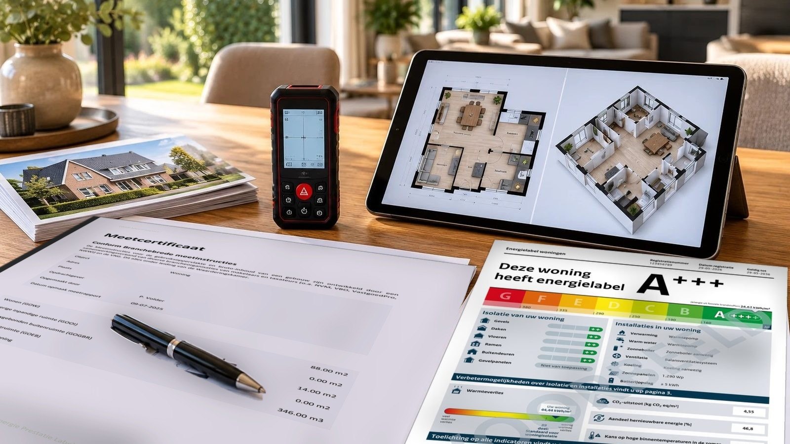 Woningopname aan de eettafel: tablet met plattegrond, NEN 2580-tekening, meetapparatuur en het energielabel