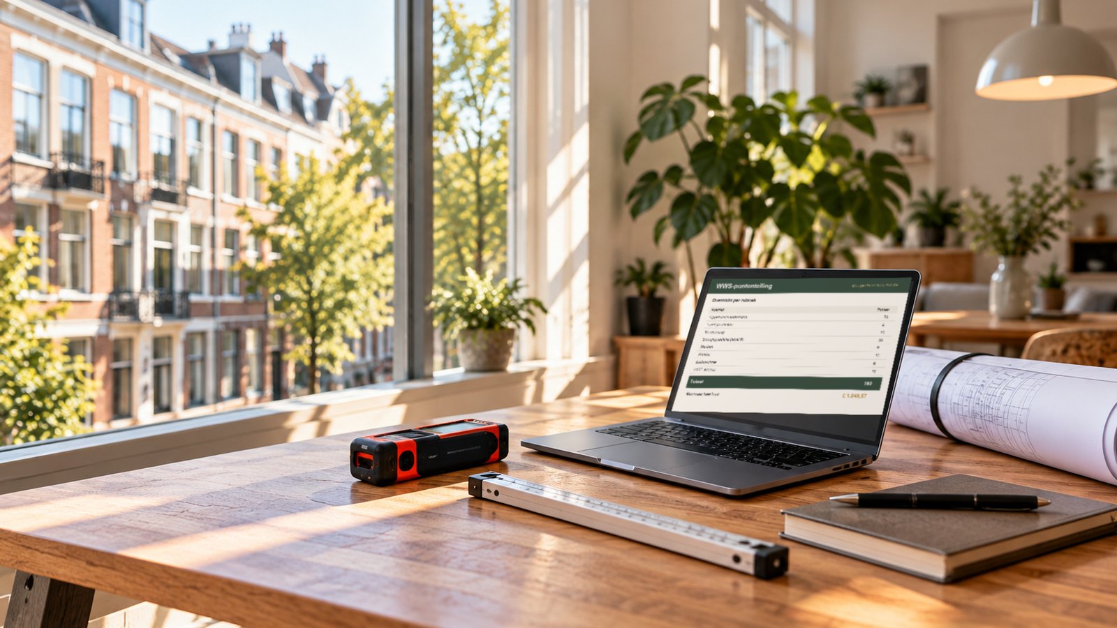 Laptop met een WWS-puntentelling op tafel in een stadswoning, met meetapparatuur en bouwtekeningen